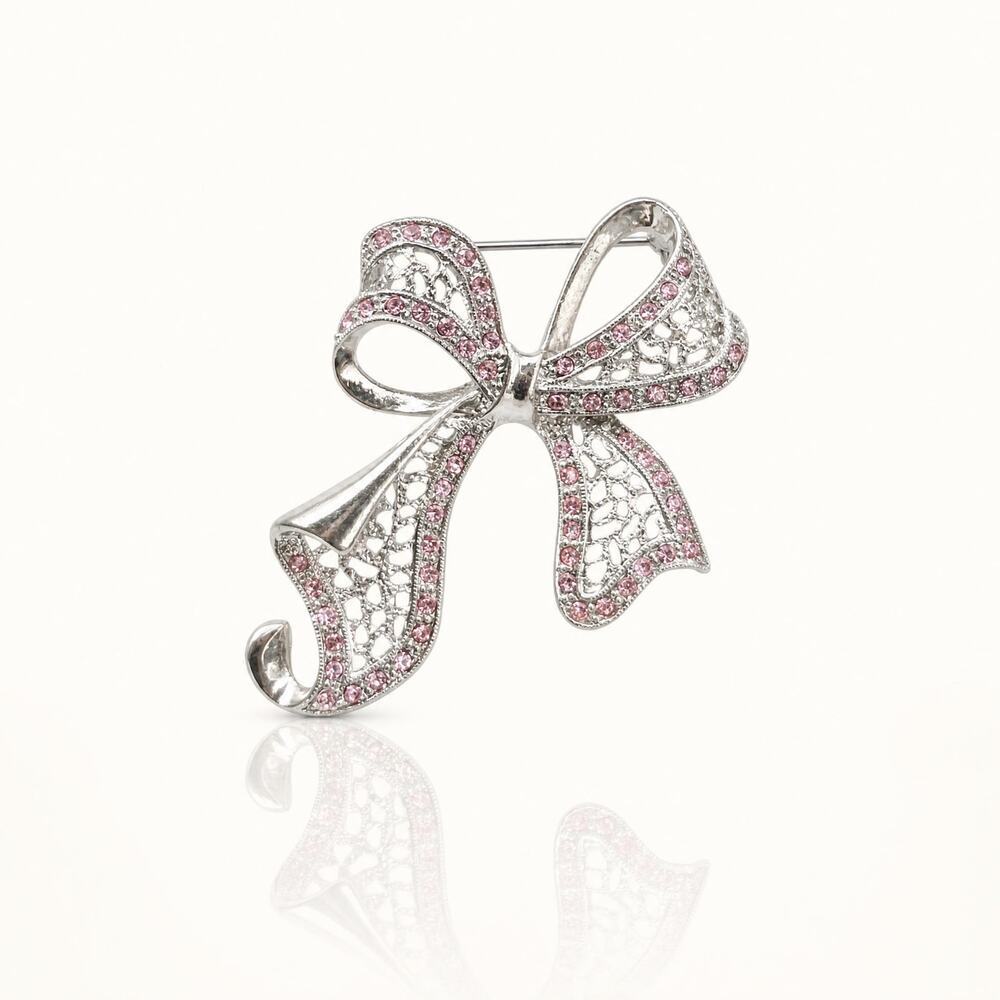 Vintage Silver Tone Filigree Bow Brooch | Pink Rhinestone Ribbon Pin Jewelry